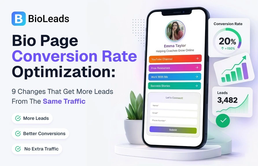 Bio page A/B comparison showing a low-converting layout versus an optimised layout with visible form and clear offer