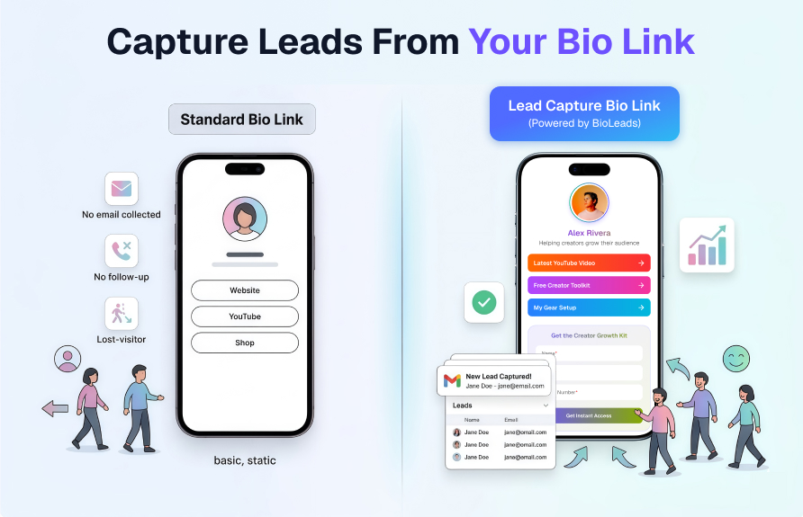 Bio link page showing lead capture form with name and email fields