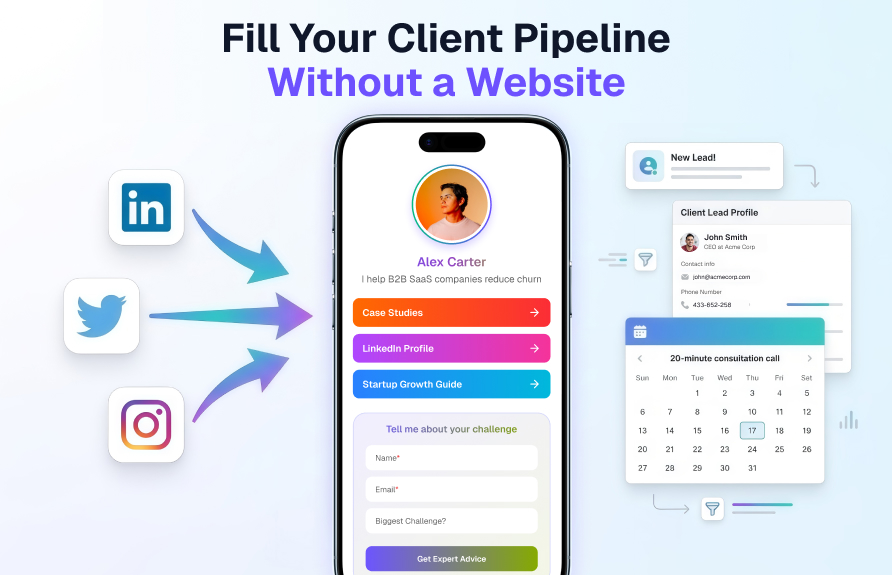 Consultant bio page showing services, proof points and a lead intake form