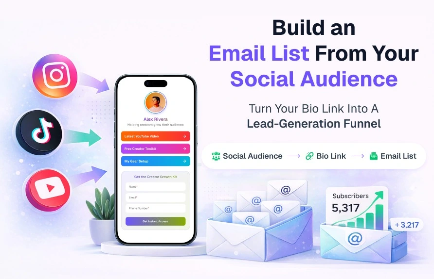 Creator bio page with lead capture form and social media links for Instagram and TikTok