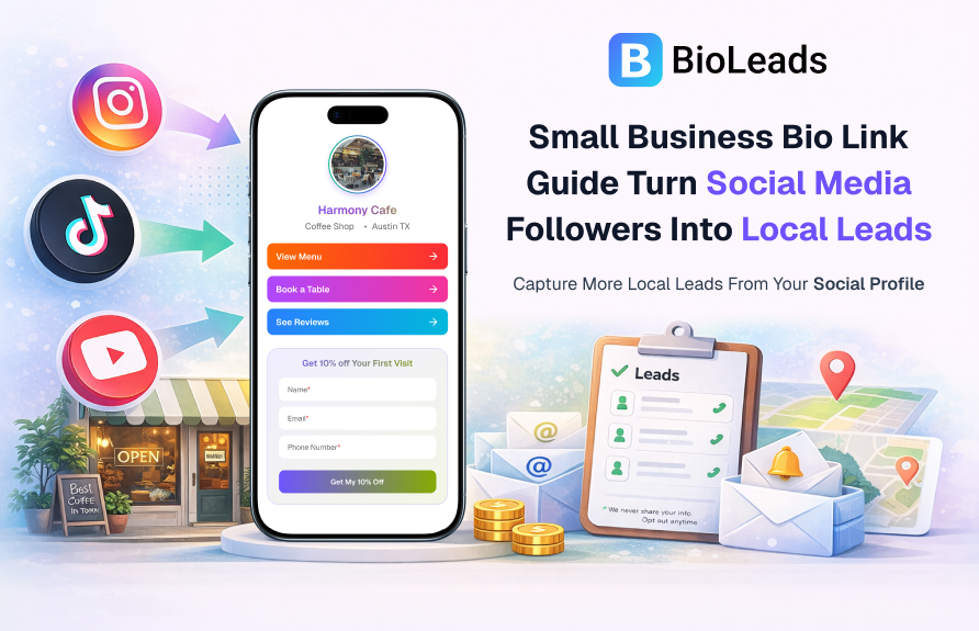 Small business bio page showing local offer, service links and lead capture form for social media visitors