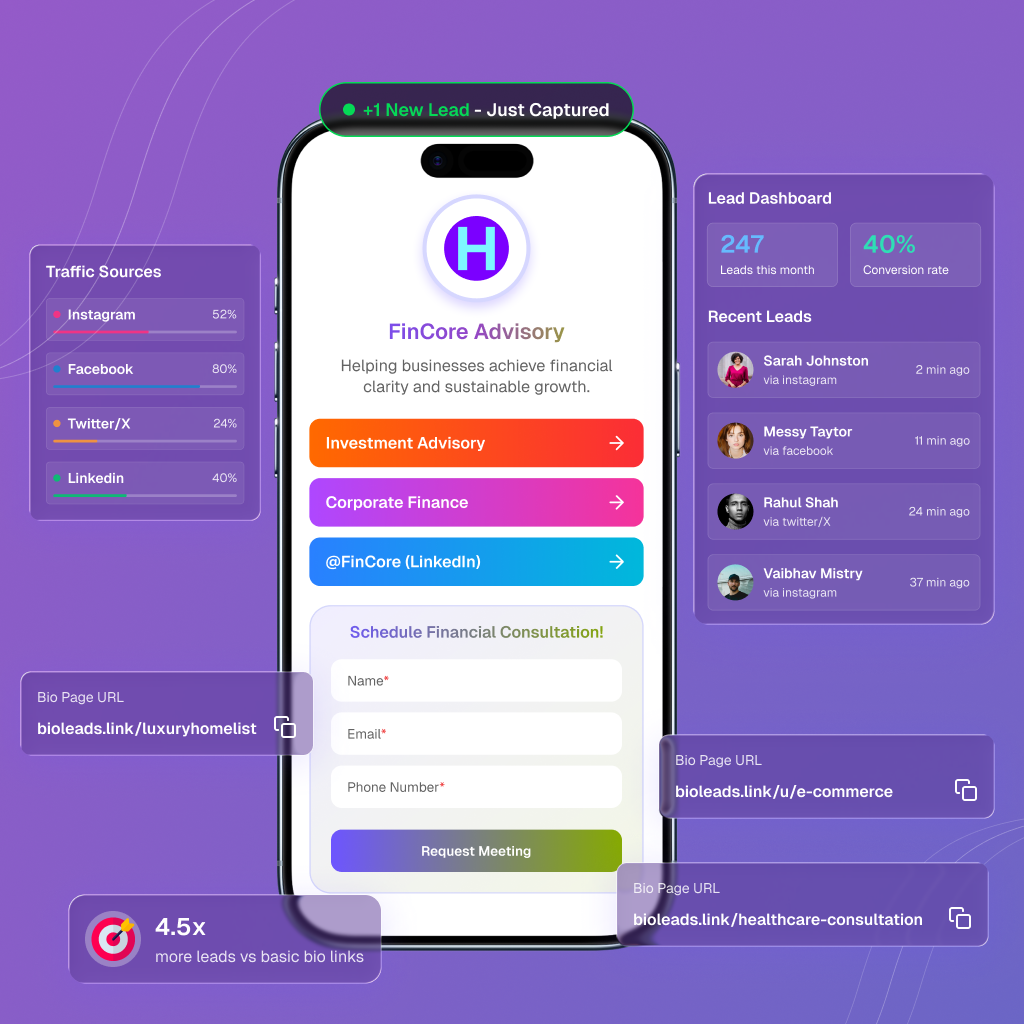 BioLeads bio page with lead capture form and dashboard preview